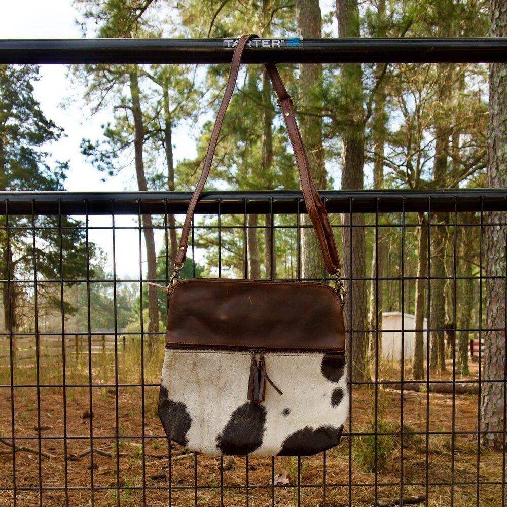 Klassy Cowgirl Leather Crossbody Bag with hair on cowhide accent